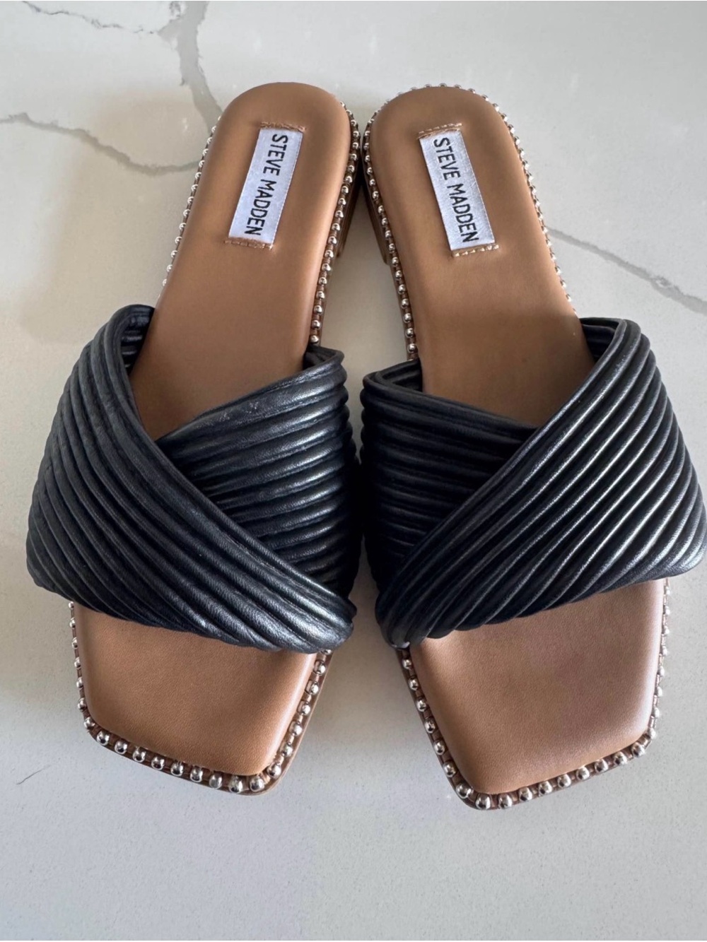 Steve Madden Black Quilted Crossover Slide Sandals with Tan Insole